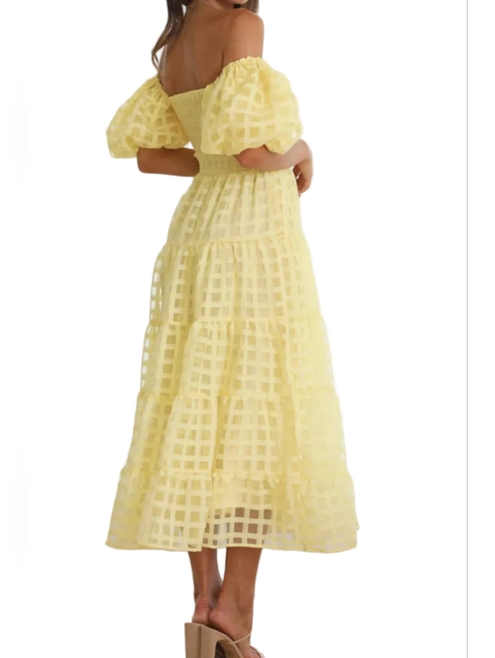 Off Shoulder Short Puff Sleeve Elastic Smocked Bodice Tiered A-line Midi Dress - Picture 7 of 14
